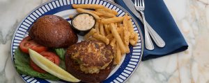 crab cakes and burger